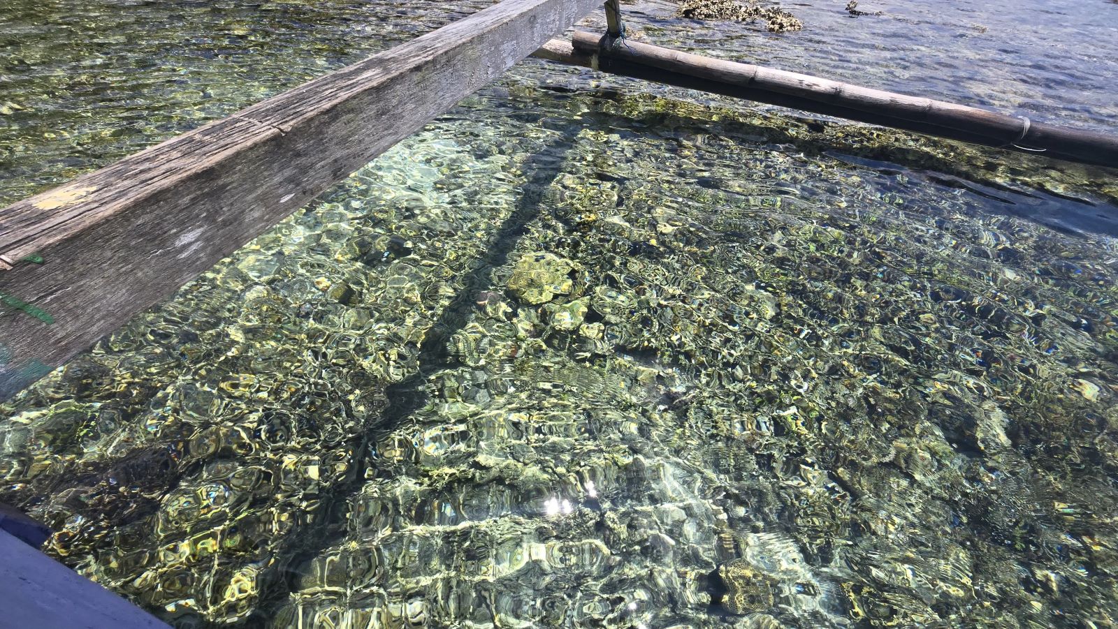 Crystal-clear water over shallow coral, seen past the bamboo outrigger of a wooden boat