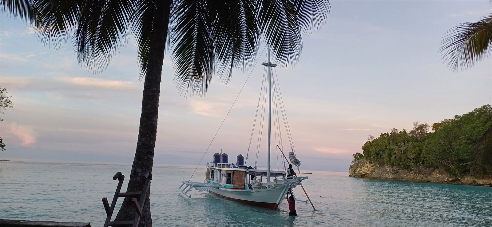 Our white phinisi anchored in a calm bay at sunset, framed by palm trees