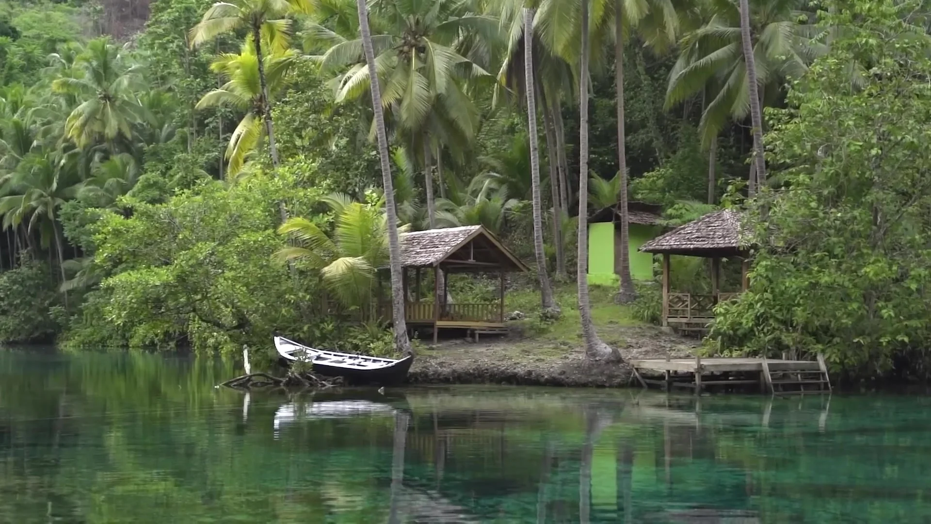 Wooden canoe and two thatched gazebos on a palm-shaded shore beside calm, clear green water