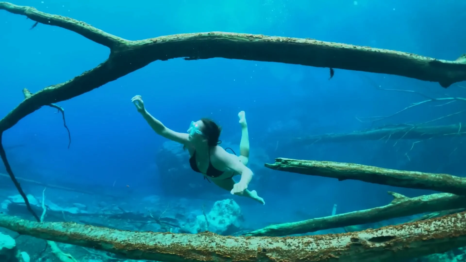 Swimmer in a mask gliding between sunken tree branches in clear, bright blue water