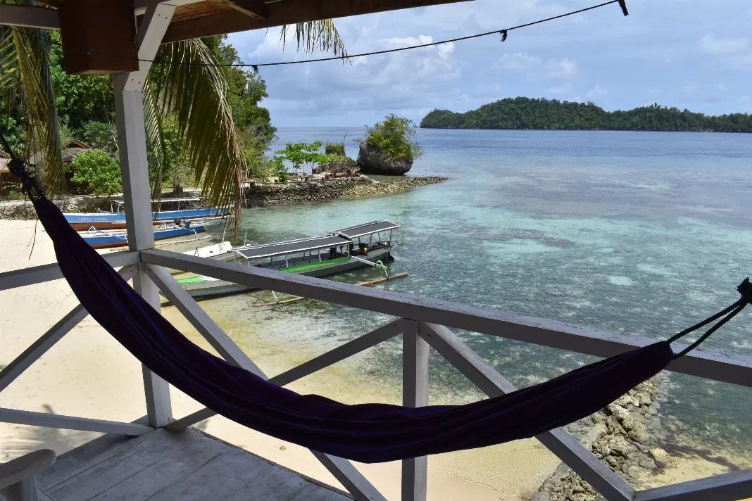 Purple hammock on a wooden veranda overlooking moored boats, clear shallows and a green islet