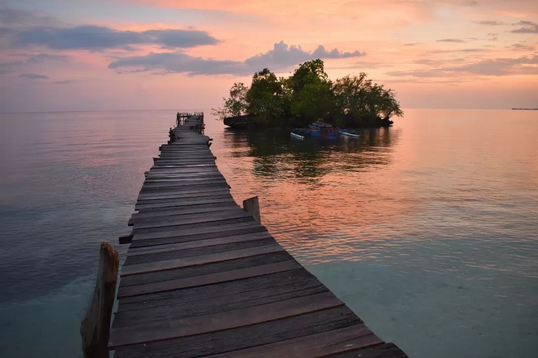 Weathered wooden jetty leading toward a small tree-covered islet and moored boats at pink dusk