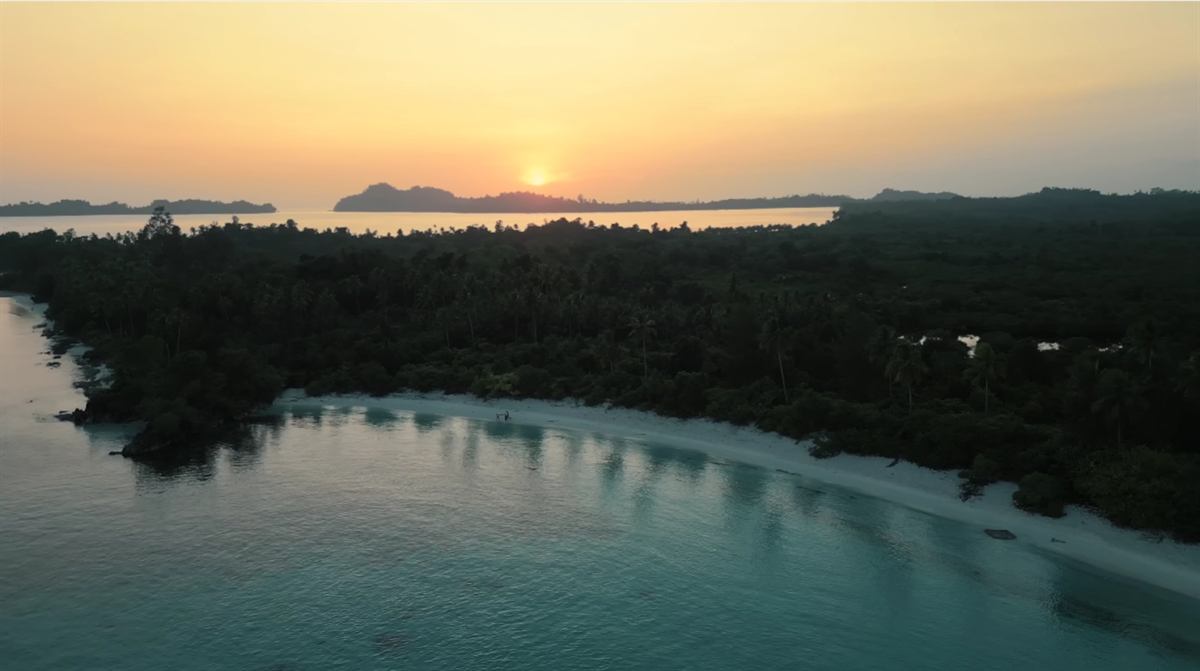 Aerial view of a palm-fringed beach and calm sea at sunset, the sun sinking behind distant hills