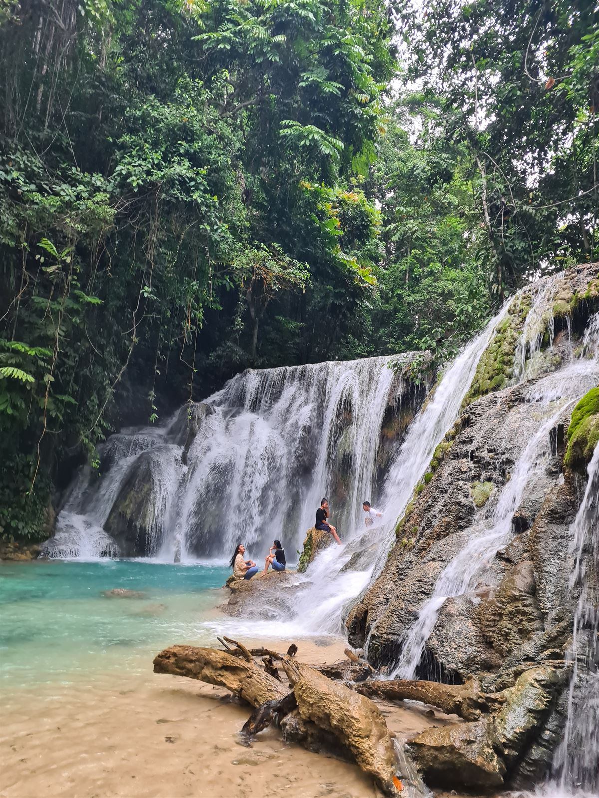 A jungle waterfall spilling into a turquoise pool