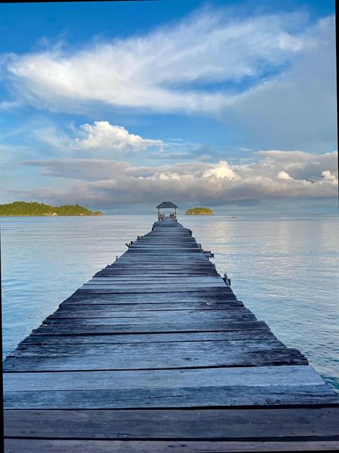A long wooden jetty running out to a hut at dusk
